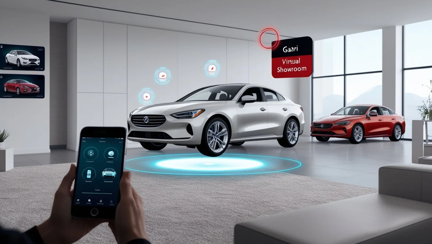 AR car showroom app showing Gaari virtual showroom and digital dealership experience on mobile phone