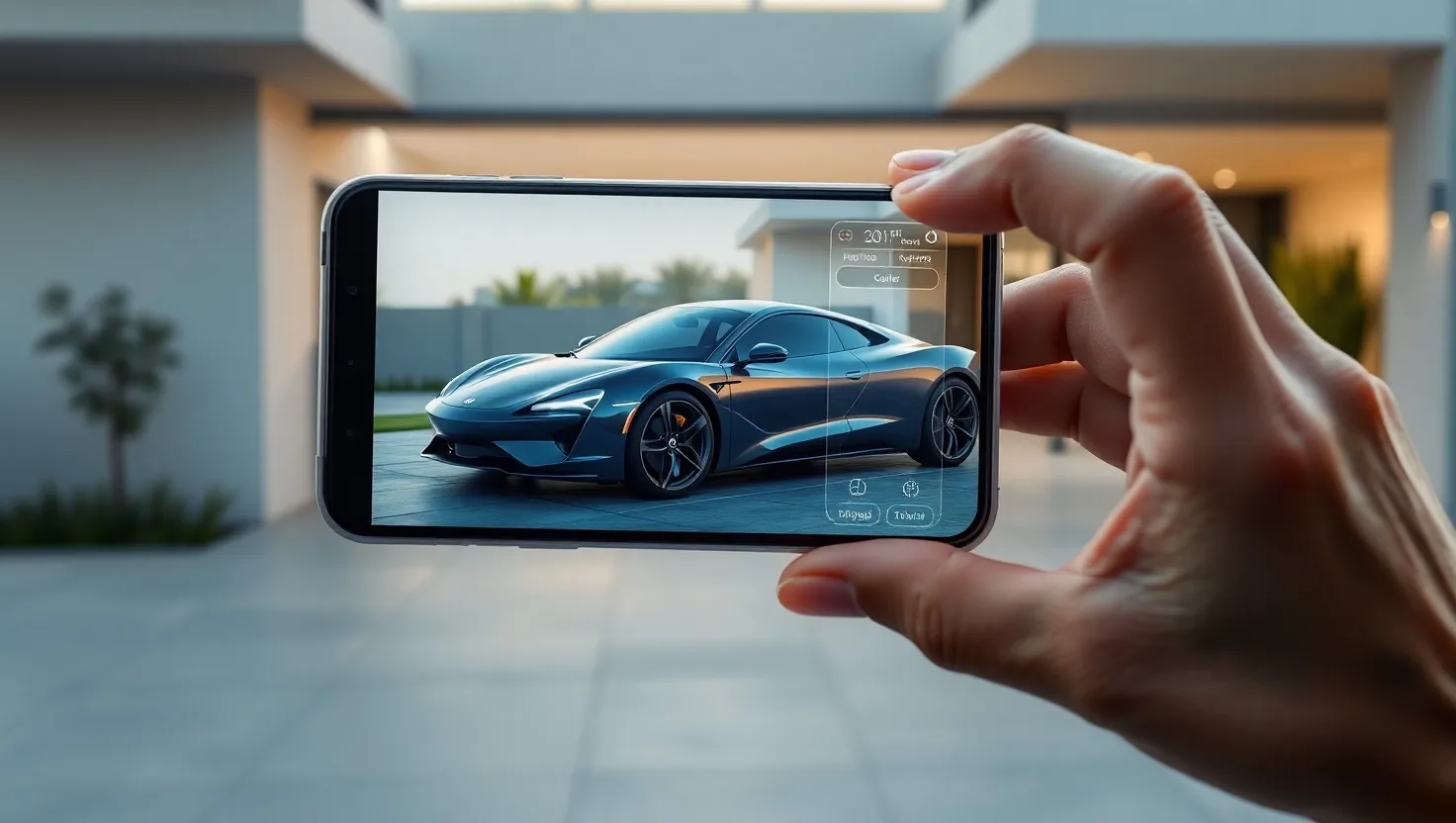Person using Gaari AR app to visualize a car in their driveway