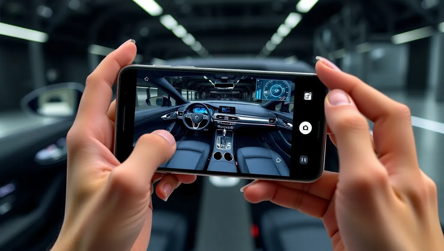 Person exploring car interior using Gaari AR app on smartphone