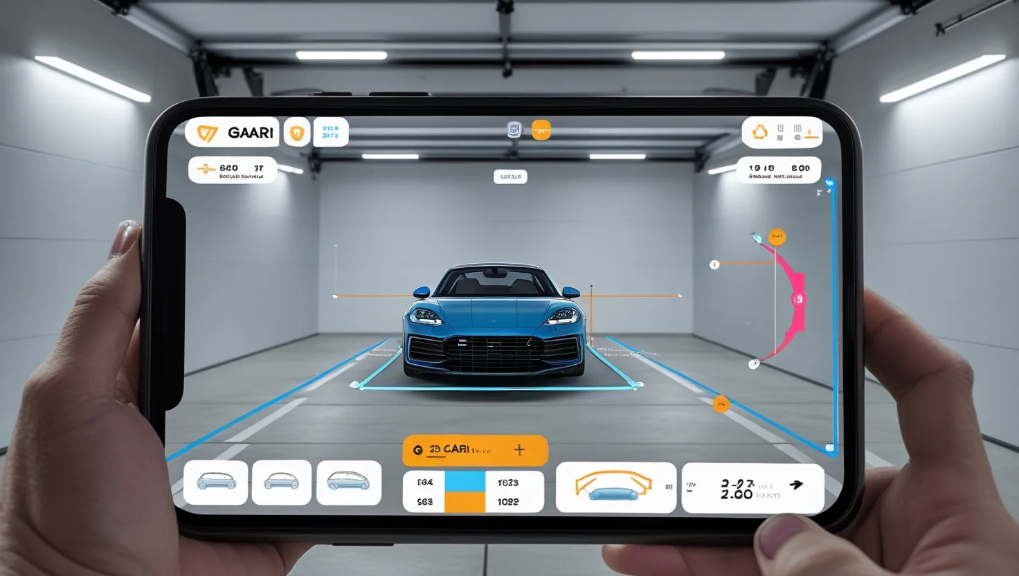 Person using Gaari AR app to virtually park a car in their garage