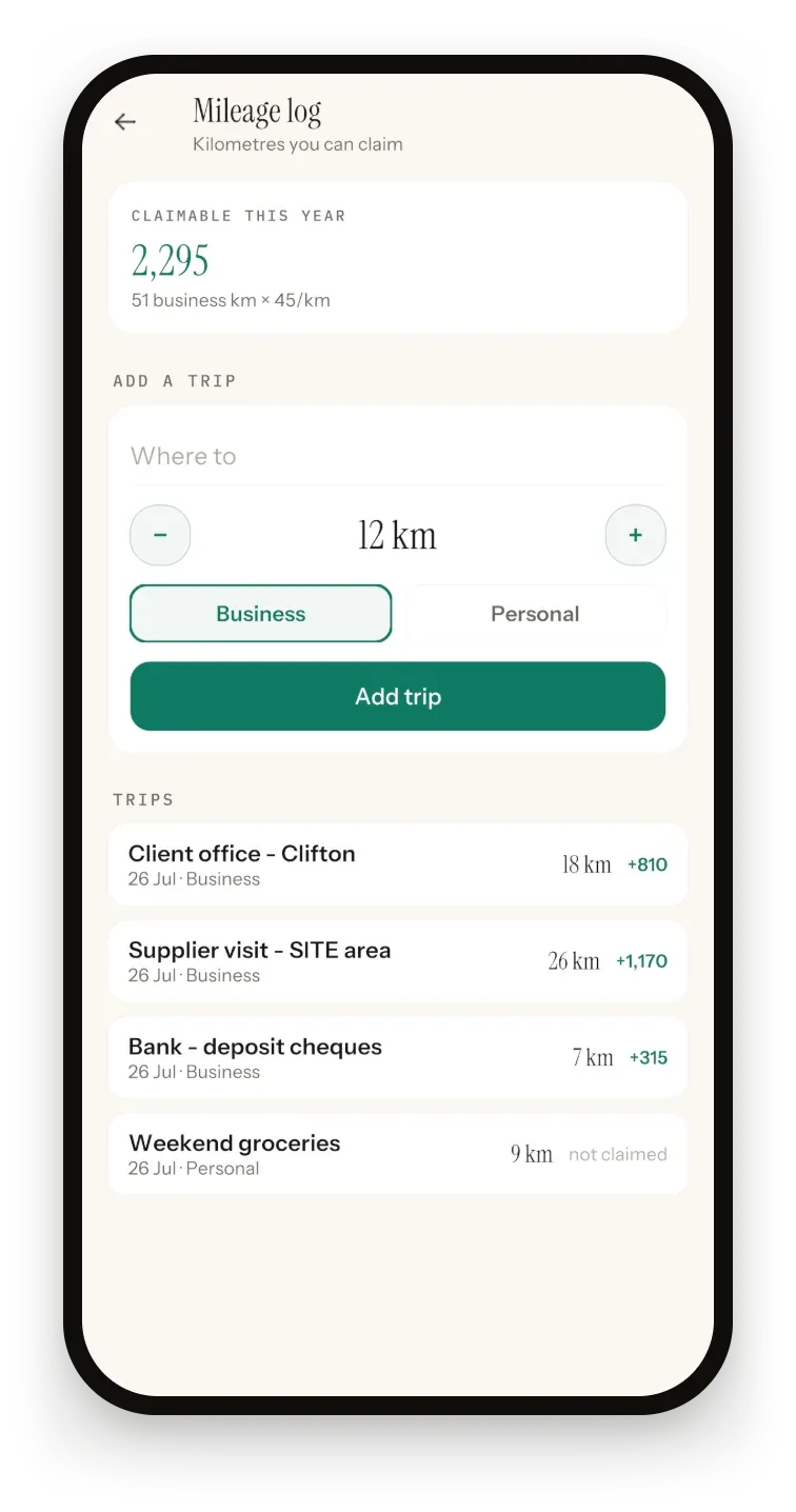 Sprig Mileage log: 51 business km at 45 per km, an add-trip form in kilometres, and business and personal trips