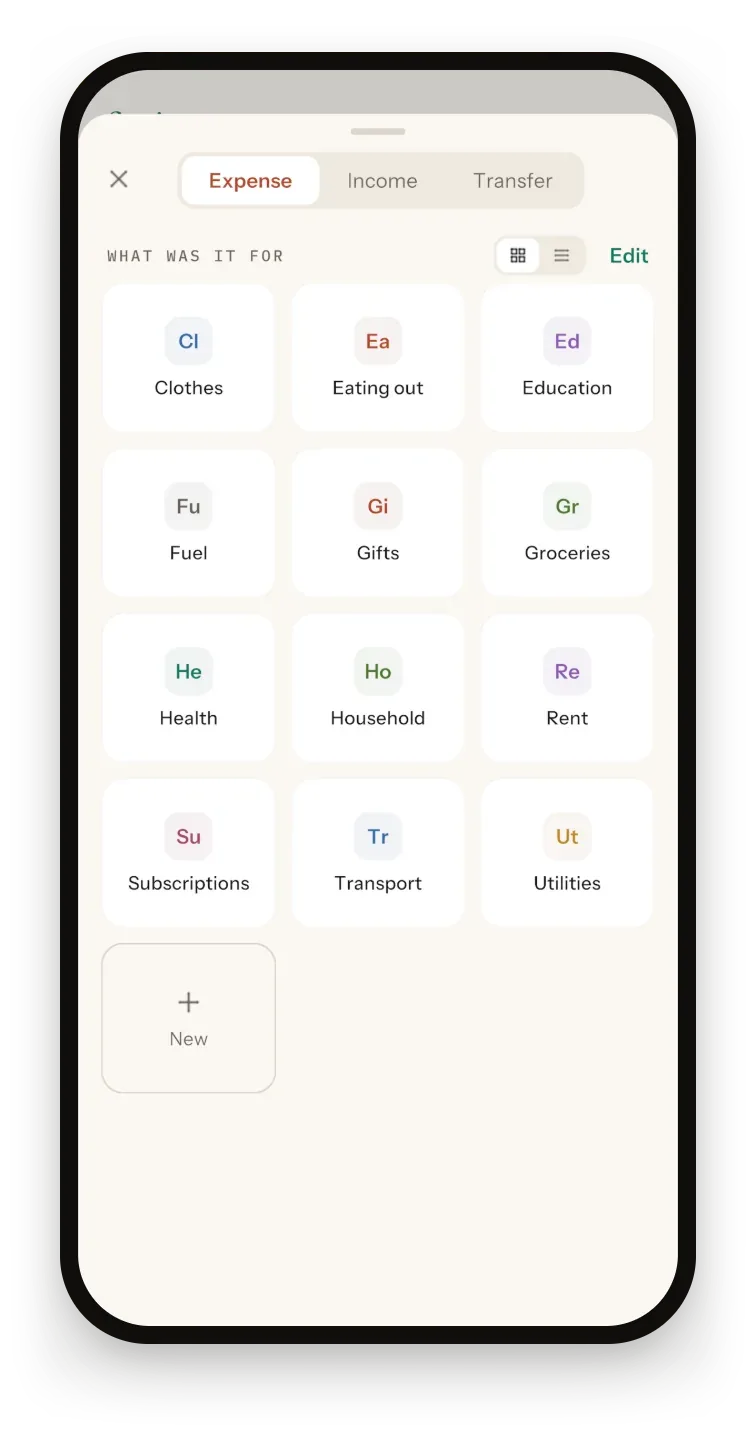 Sprig new expense sheet asking What was it for, with category tiles from Clothes to Utilities