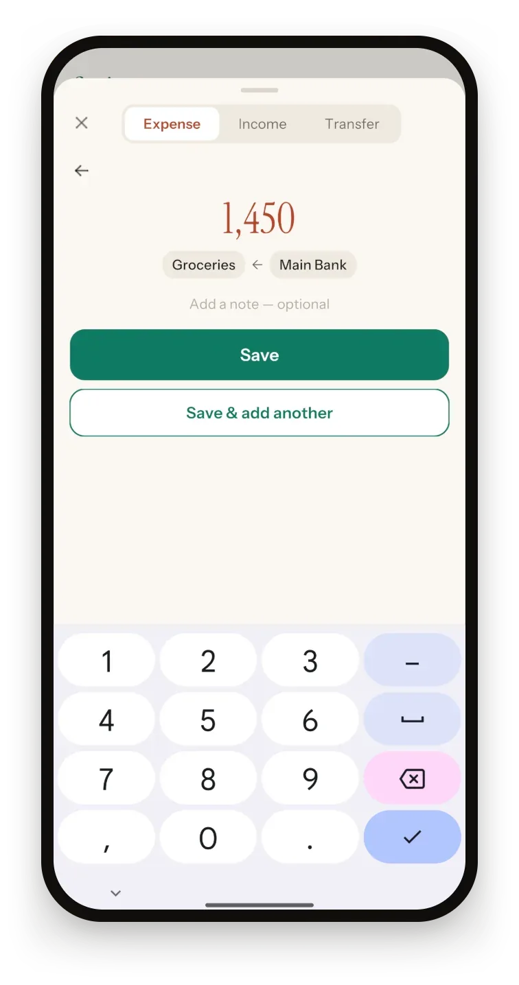 Sprig amount step: 1,450 entered with the pair Groceries ← Main Bank, a Save button and Save & add another