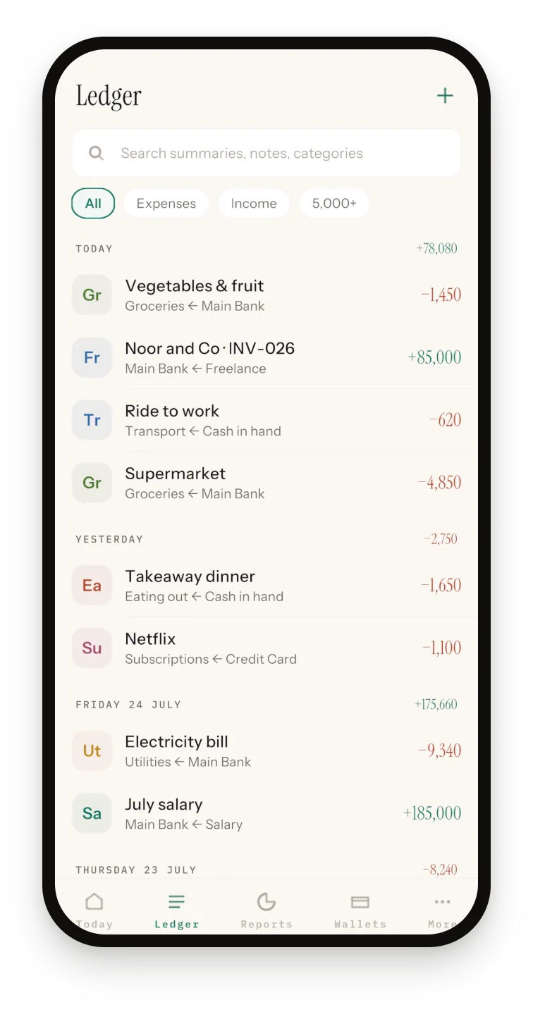 Sprig Ledger screen with entries grouped by day, mixing cash entries such as Ride to work, Transport from Cash in hand, with bank entries such as Groceries from Main Bank