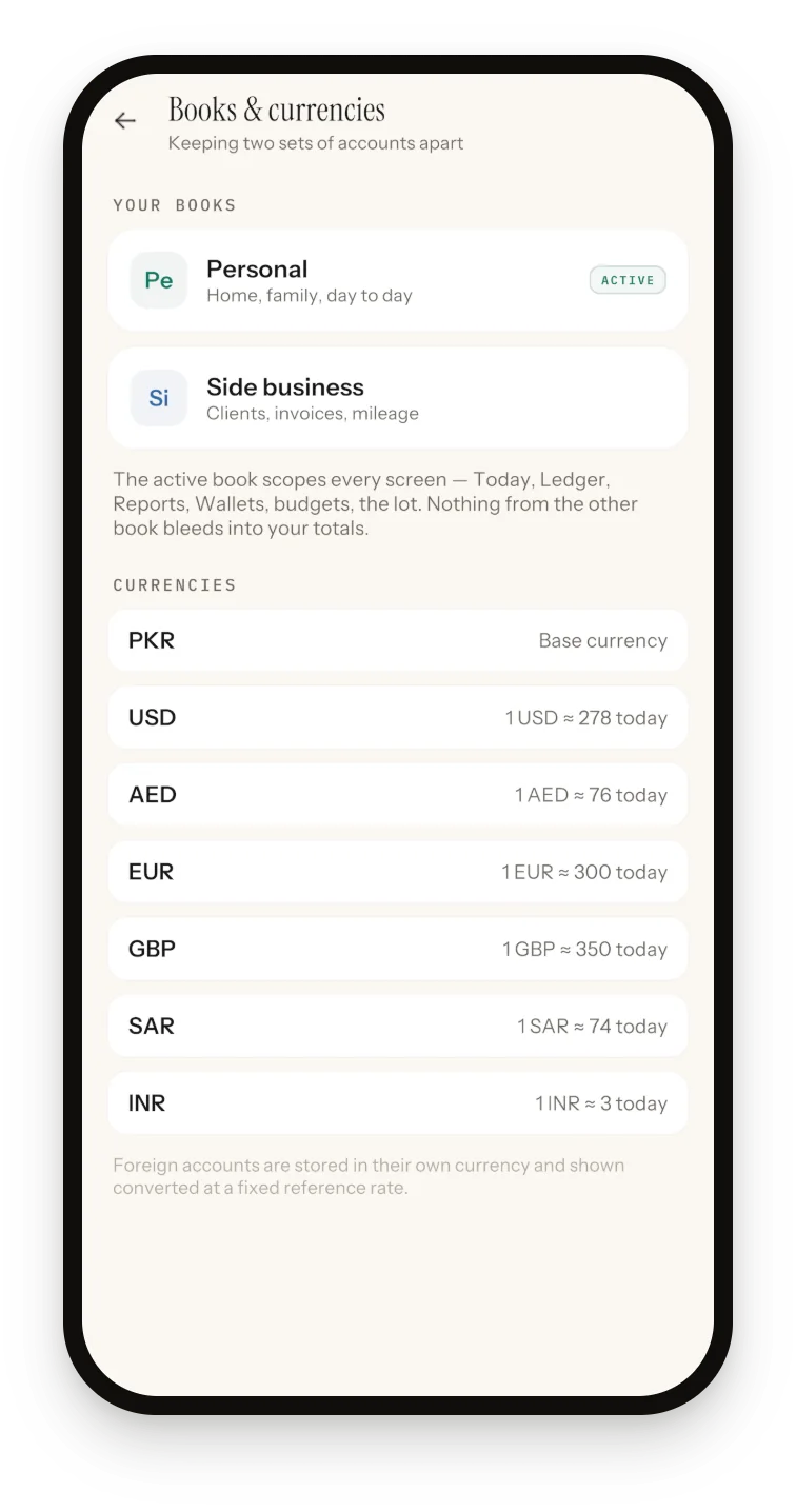 Sprig Books & currencies screen with two books, Personal marked active and Side business below it, above the seven wallet currencies and their fixed reference rates