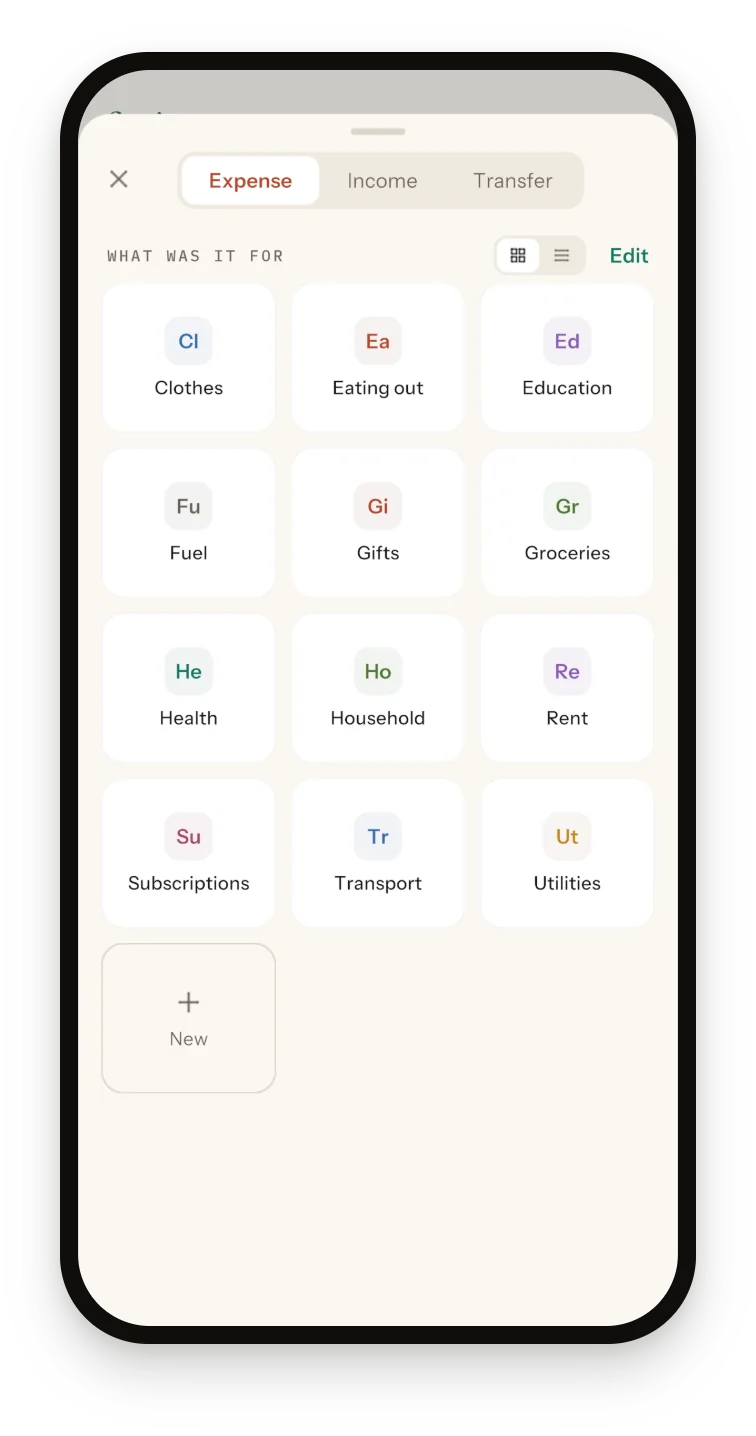 Sprig new expense sheet with a What was it for grid of 12 categories, from Clothes and Eating out to Transport and Utilities, plus a New tile