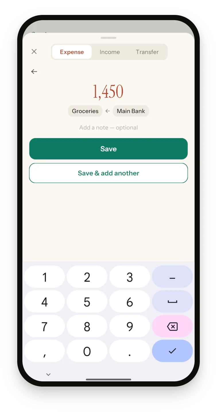 Sprig amount screen showing 1,450 with the pair Groceries ← Main Bank above the Save and Save & add another buttons