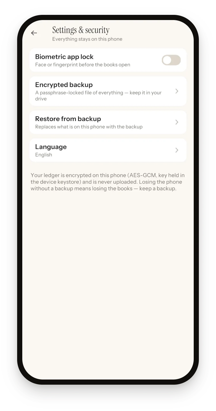 Sprig Settings and security screen with the biometric app lock switch, Encrypted backup, Restore from backup and Language rows