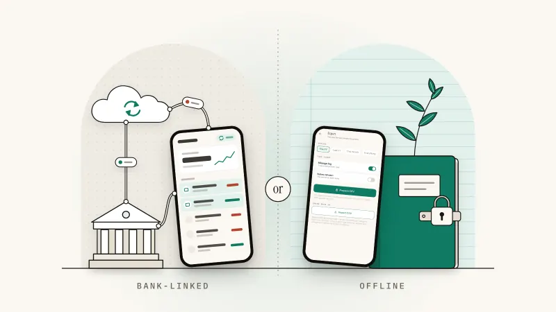Split illustration: a phone tied by thin threads to a bank and a cloud, beside a phone showing Sprig's Export and Import CSV screen next to a locked green notebook with a sprig