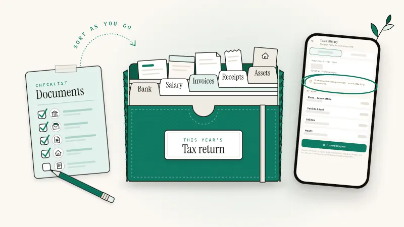 Accordion folder with tabs for bank, salary, invoices, receipts and assets beside a ticked checklist and a phone
