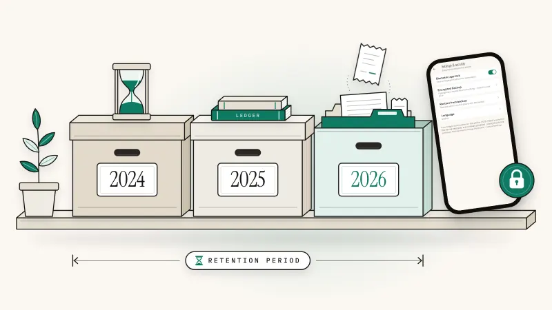 Archive boxes labeled 2024, 2025 and 2026 on a shelf above a line marked Retention period, beside an hourglass and a phone showing Sprig's app lock turned on