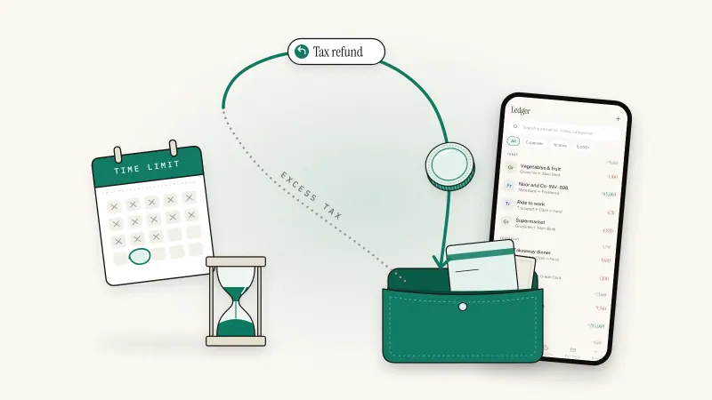 Green arrow looping back to drop a coin into an open wallet, beside a time-limit calendar, an hourglass and Sprig's Ledger