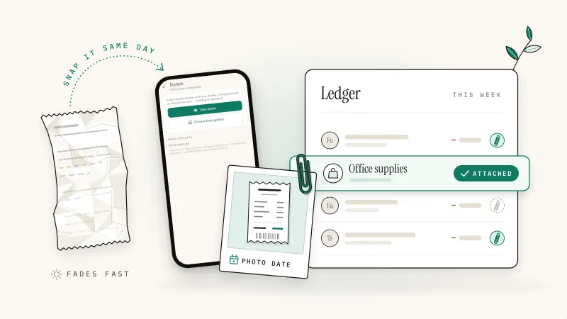 A fading paper receipt is photographed on a phone and clipped as a photo card to a ledger row marked Attached in green