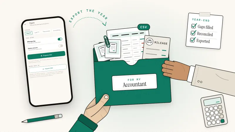 Two hands passing a green folder labeled For my Accountant, holding a CSV sheet, a mileage log card and receipt photos, beside a phone showing Sprig's Export screen