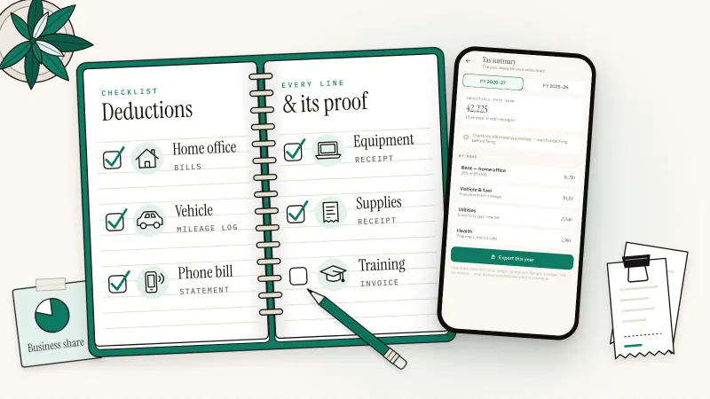 Deductions checklist notebook with ticks beside home office, vehicle, phone bill, equipment and supplies, next to a phone showing Sprig's tax summary