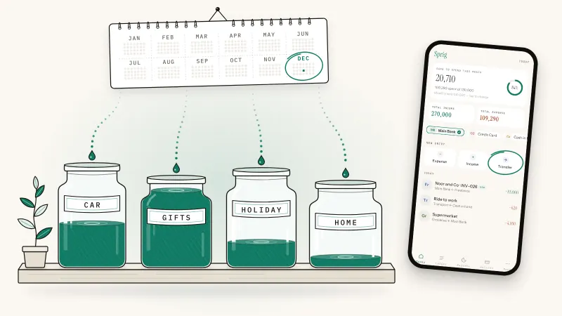 Four savings jars labeled Car, Gifts, Holiday and Home, filling month by month from a calendar, beside Sprig's Today screen