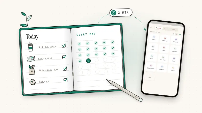 A pocket notebook of today's purchases beside a phone showing Sprig's category grid for a new expense